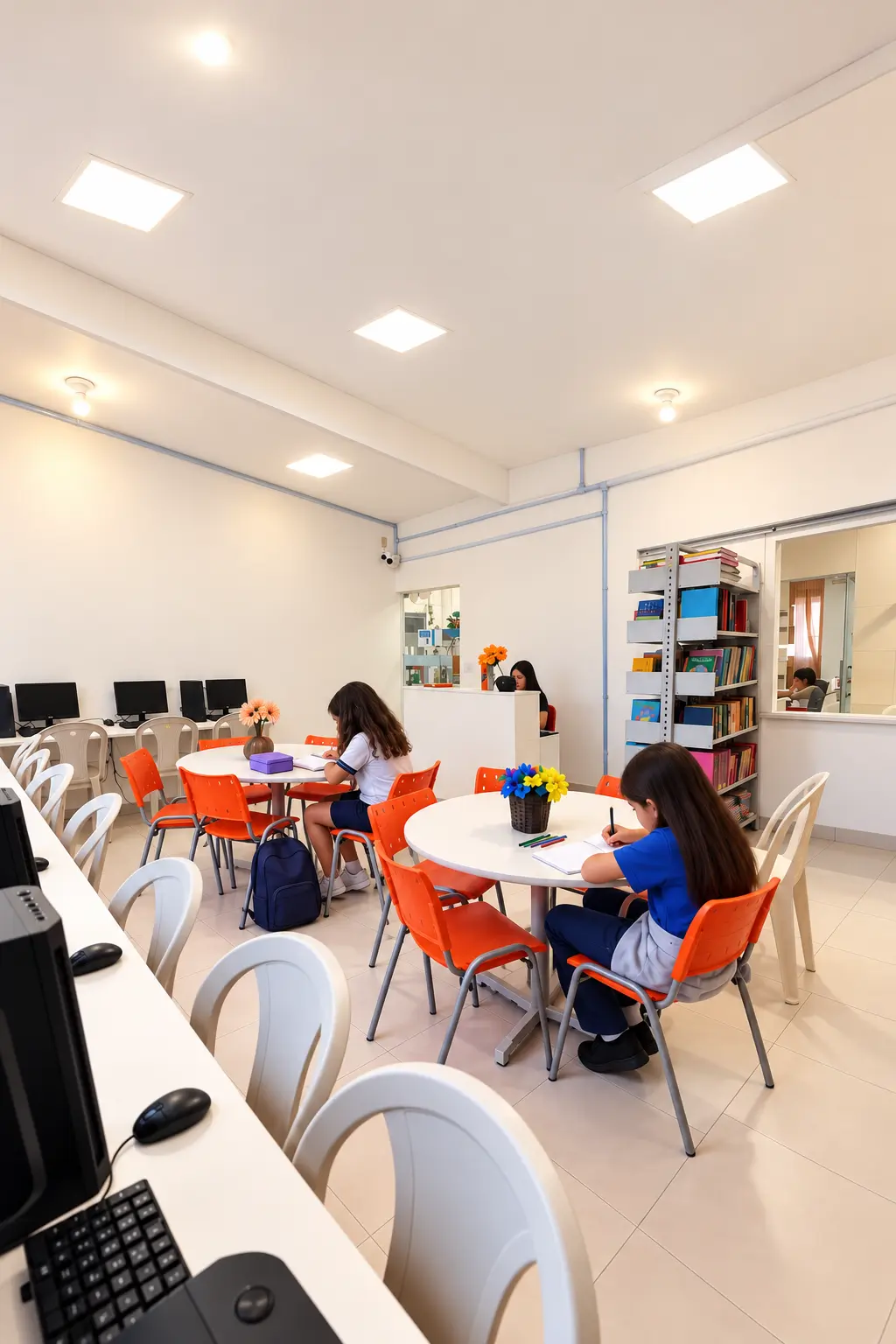 Alunos estudando no espaço com computadores e biblioteca